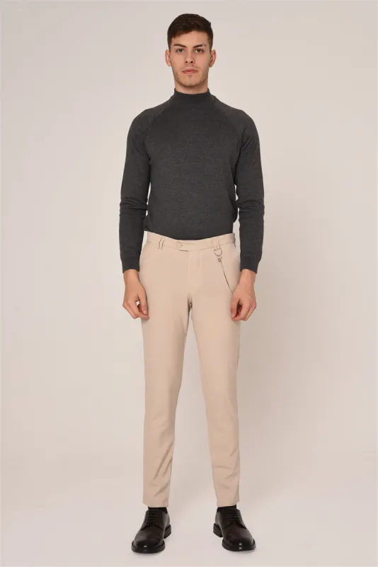 Men's Beige Slim Fit Straight Accessory Fabric Trousers - Wessi sold by Wessi