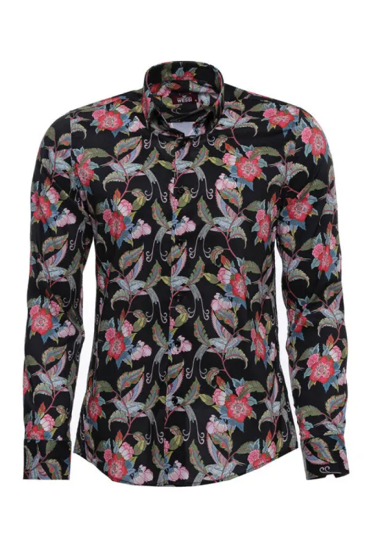 Hummingbird And Floral Patterned Long Sleeves Black Men Shirt - Wessi sold by Wessi