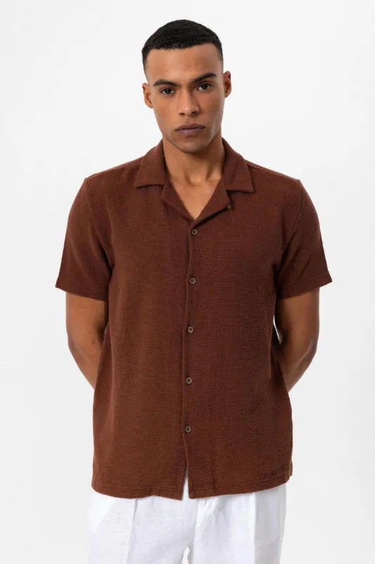 Brown Camp Collar Knitted Textured Men's Shirt - Wessi sold by Wessi