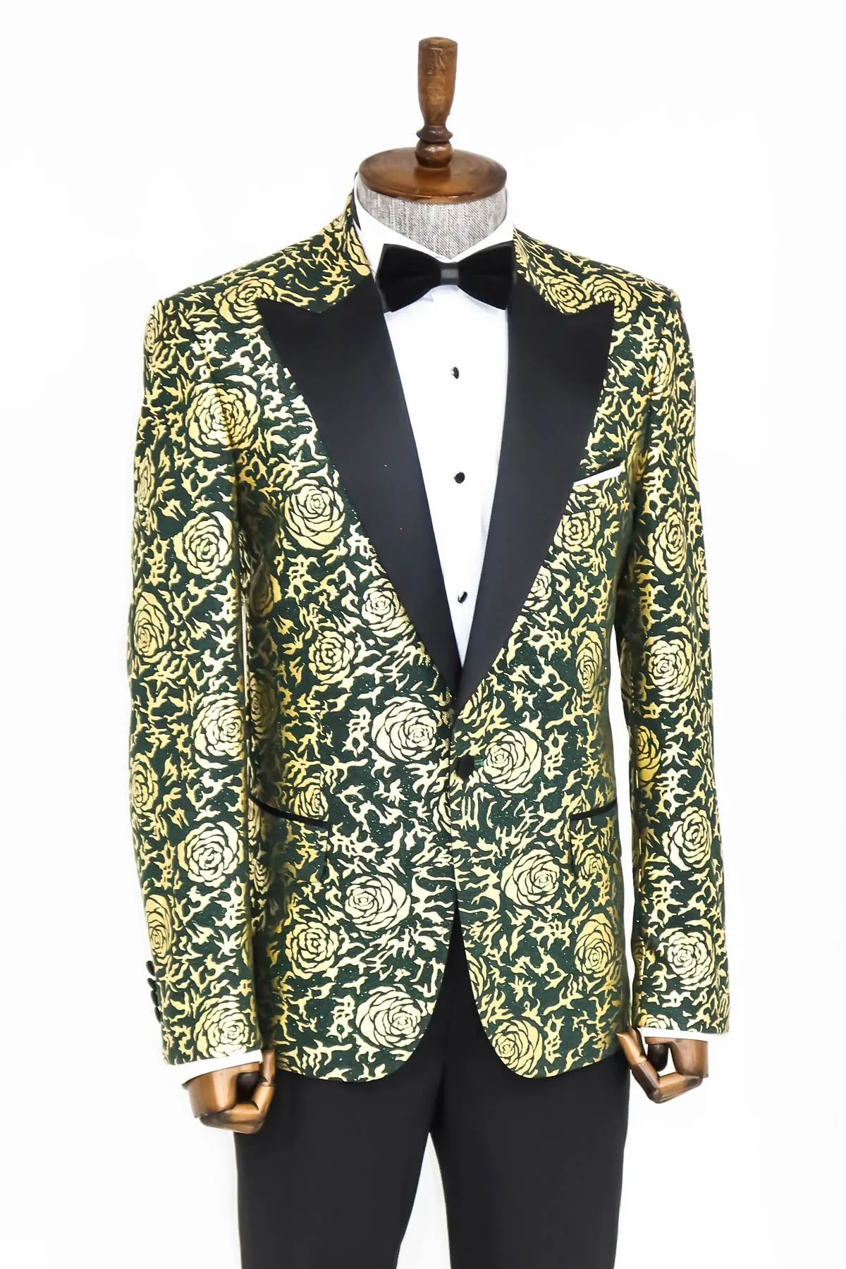 Gold Rose Patterned Slim Fit Green Men Singer Tuxedo Jacket - Wessi sold by Wessi product image thumbnail 4