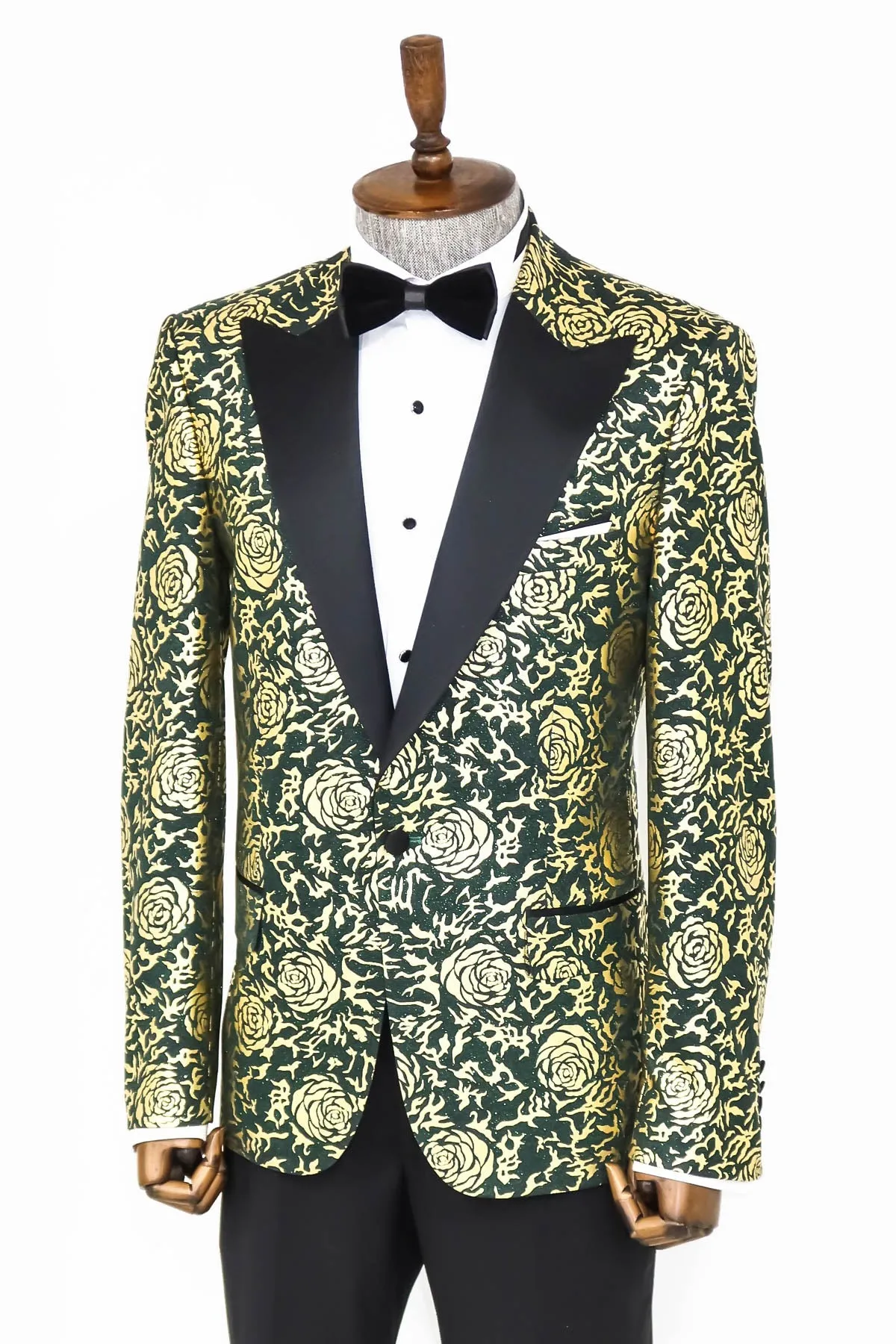 Gold Rose Patterned Slim Fit Green Men Singer Tuxedo Jacket - Wessi sold by Wessi product image thumbnail 3
