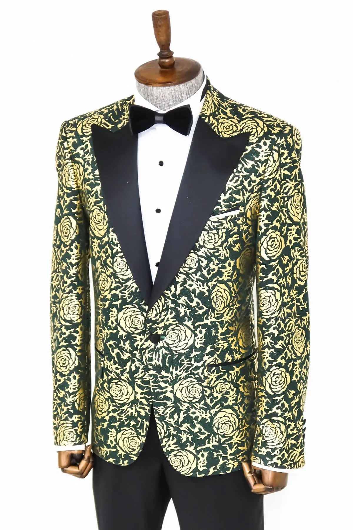 Gold Rose Patterned Slim Fit Green Men Singer Tuxedo Jacket - Wessi sold by Wessi product image thumbnail 5