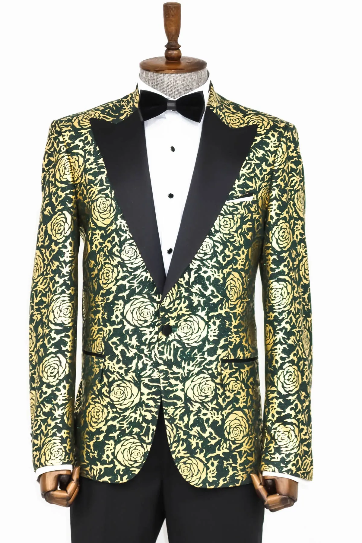 Gold Rose Patterned Slim Fit Green Men Singer Tuxedo Jacket - Wessi sold by Wessi