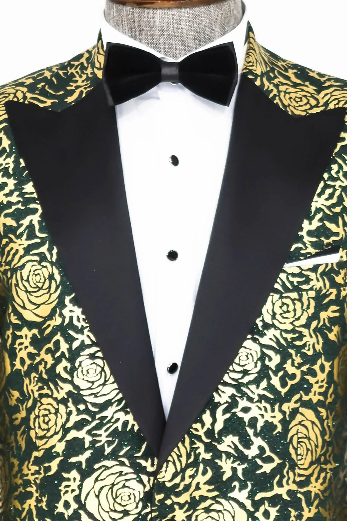 Gold Rose Patterned Slim Fit Green Men Singer Tuxedo Jacket - Wessi sold by Wessi product image thumbnail 2