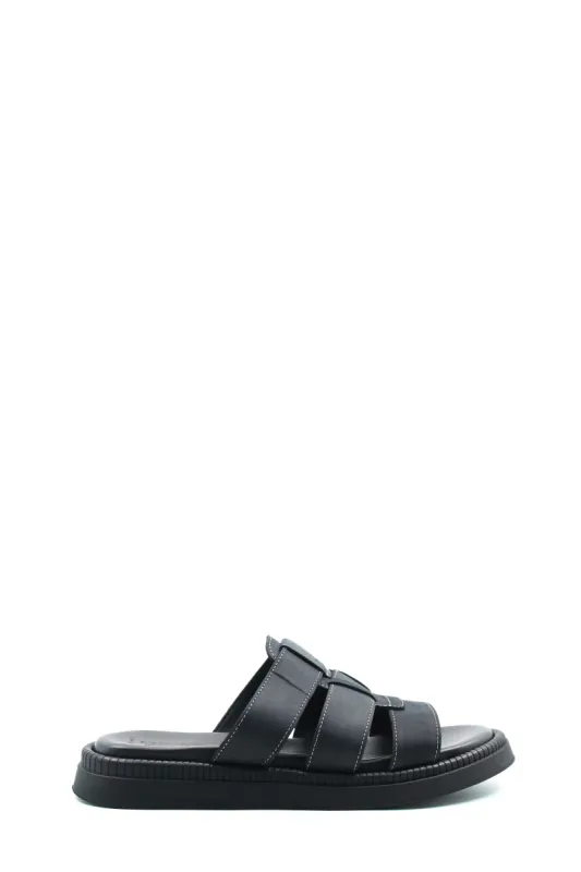 Men's Black Leather Slip-On Slippers with Triple-Strap Design and Cushioned Sole - Wessi sold by Wessi