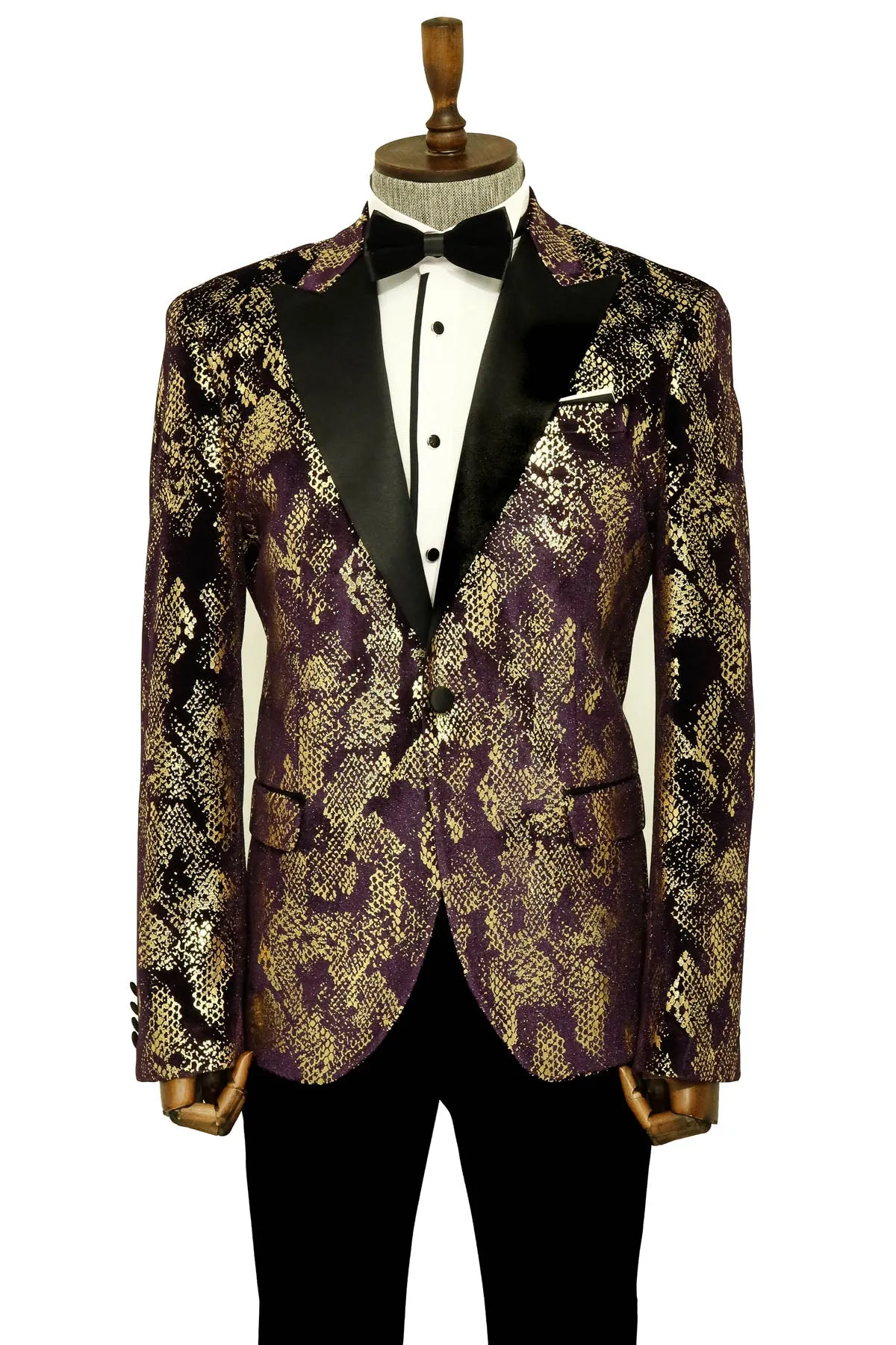 Peak Lapel Slim Fit Gold Patterned Purple Men Singer Tuxedo Blazer sold by Wessi