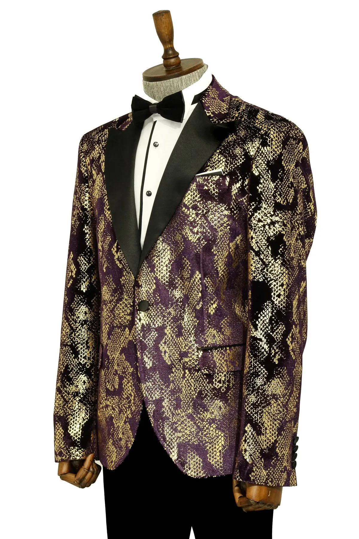 Peak Lapel Slim Fit Gold Patterned Purple Men Singer Tuxedo Blazer sold by Wessi product image thumbnail 4
