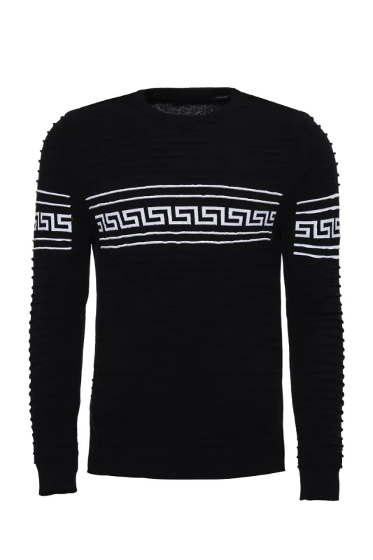 Crew Neck Knitwear Chest Patterned Over Black - Wessi sold by Wessi