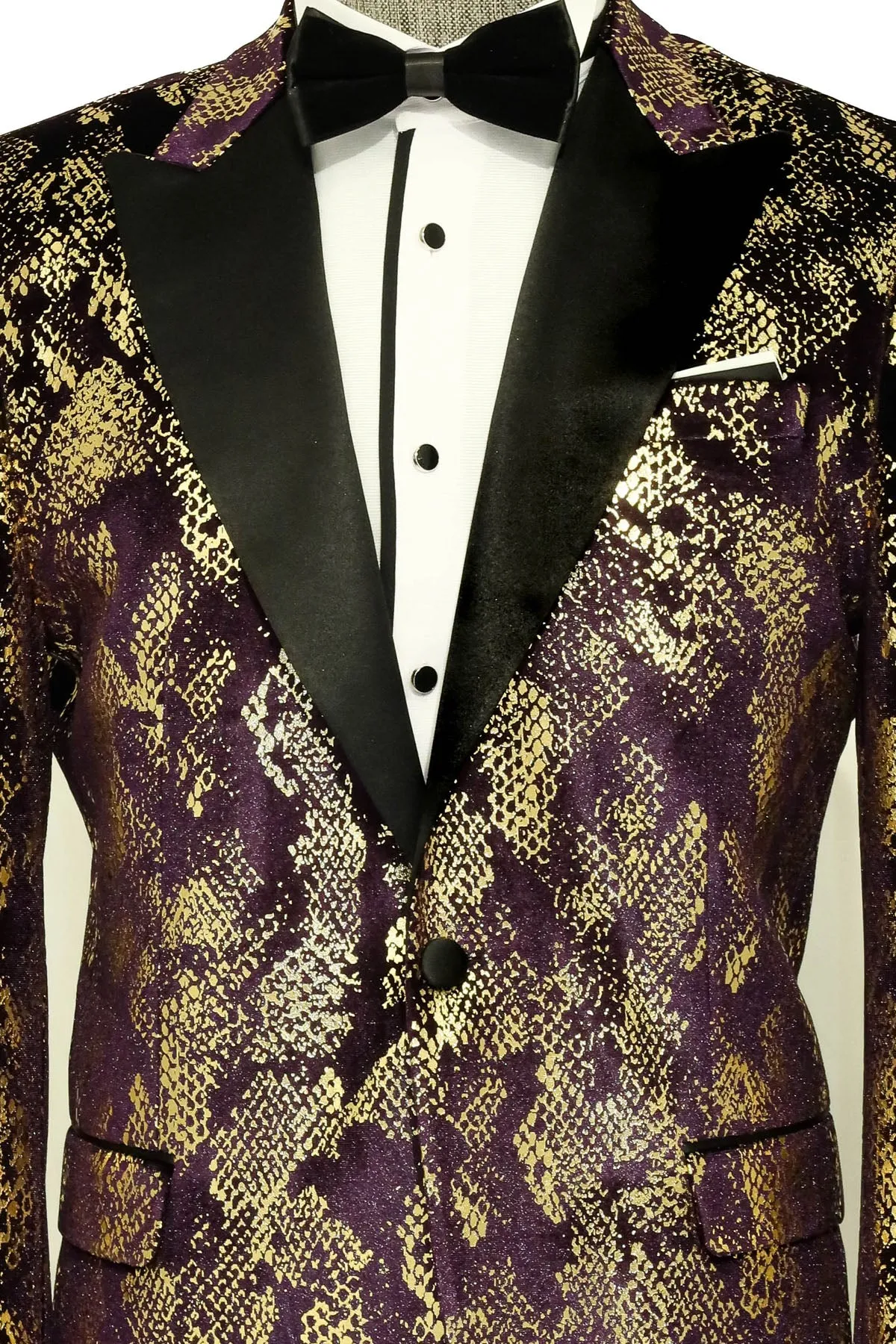 Peak Lapel Slim Fit Gold Patterned Purple Men Singer Tuxedo Blazer sold by Wessi product image thumbnail 2