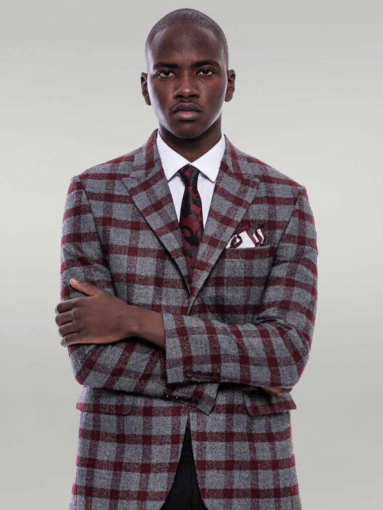 Checked Peak Lapel Slim-Fit Burgundy Men Blazer - Wessi sold by Wessi product image thumbnail 5