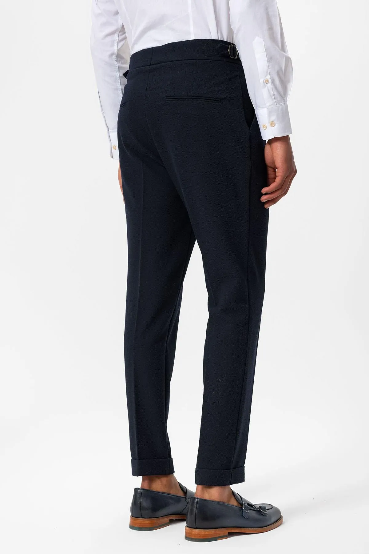 Men's Navy Blue High-Waist Pleated Textured Pants - Wessi sold by Wessi product image thumbnail 5