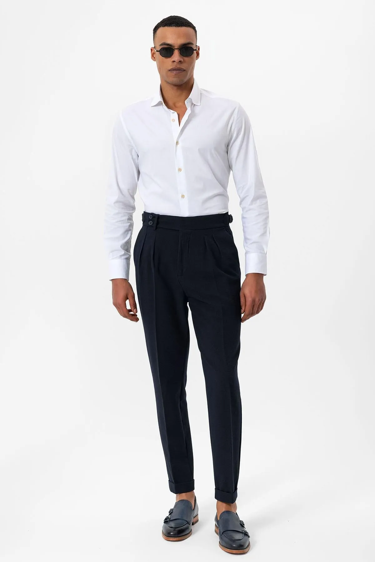 Men's Navy Blue High-Waist Pleated Textured Pants - Wessi sold by Wessi product image thumbnail 3