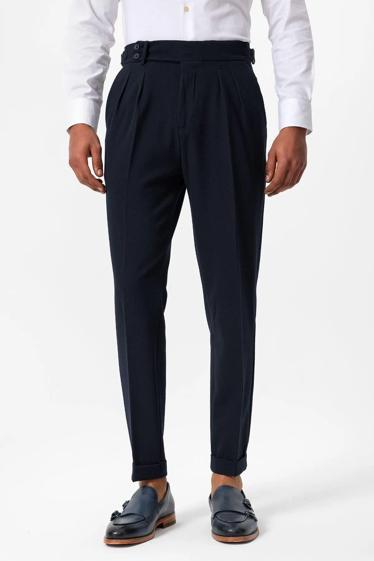 Men's Navy Blue High-Waist Pleated Textured Pants - Wessi sold by Wessi