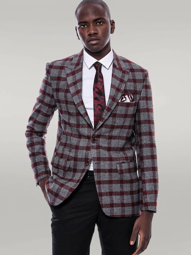 Checked Peak Lapel Slim-Fit Burgundy Men Blazer - Wessi sold by Wessi product image thumbnail 3