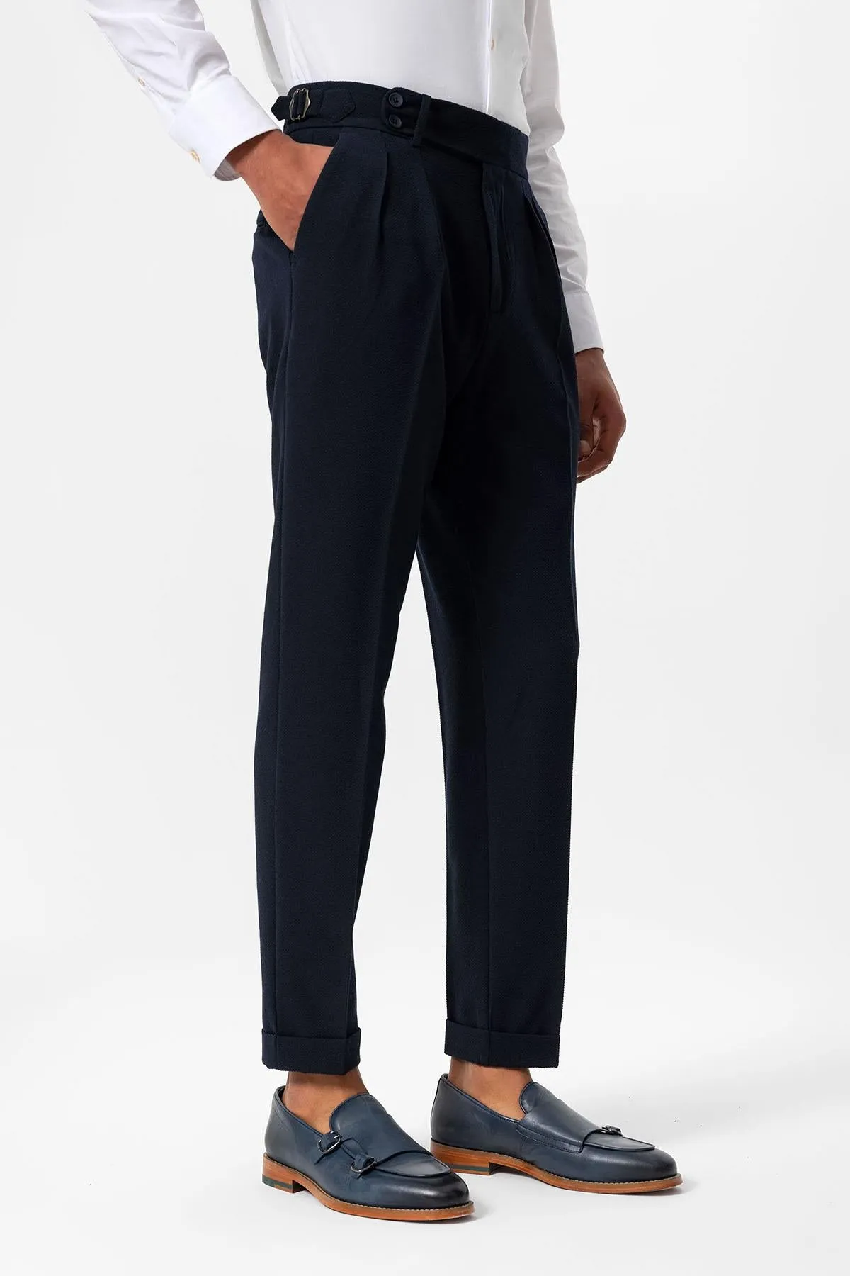 Men's Navy Blue High-Waist Pleated Textured Pants - Wessi sold by Wessi product image thumbnail 2