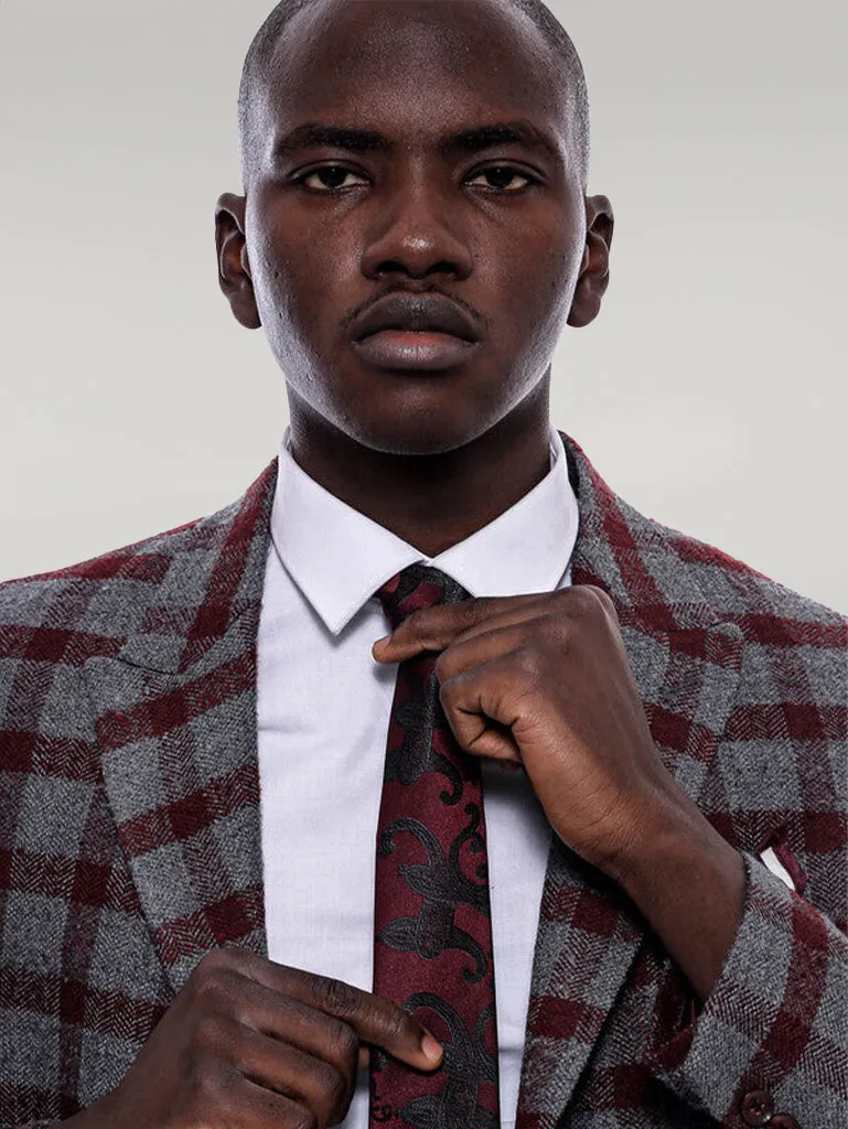 Checked Peak Lapel Slim-Fit Burgundy Men Blazer - Wessi sold by Wessi product image thumbnail 2
