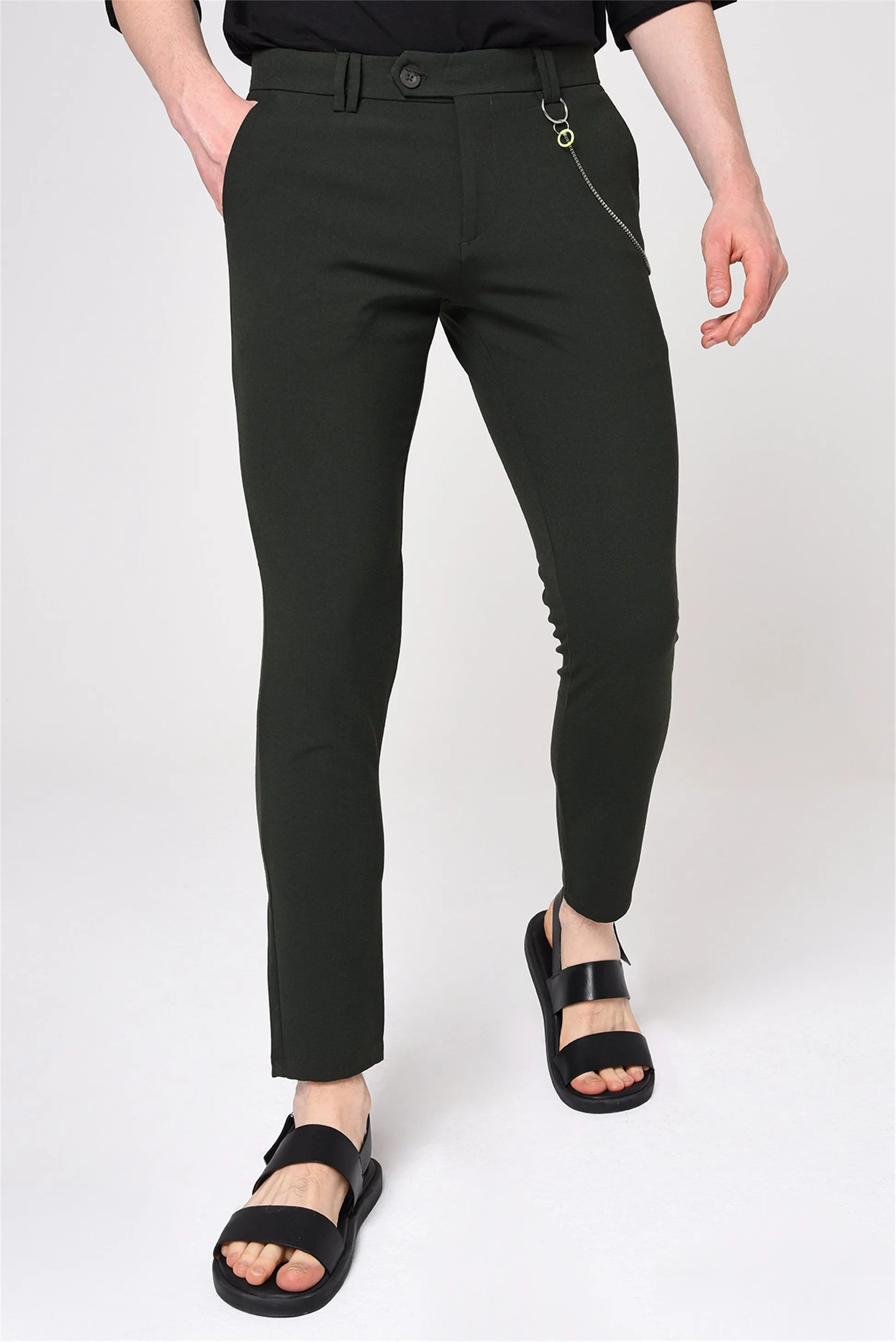 Khaki Men's Slim Fit Straight Accessory Fabric Trousers - Wessi sold by Wessi product image thumbnail 2