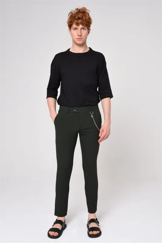 Khaki Men's Slim Fit Straight Accessory Fabric Trousers - Wessi sold by Wessi