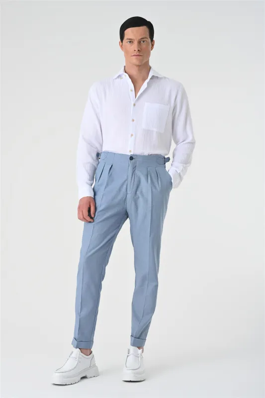 Men's Blue High Waist Pleated Linen  Trousers - Wessi sold by Wessi