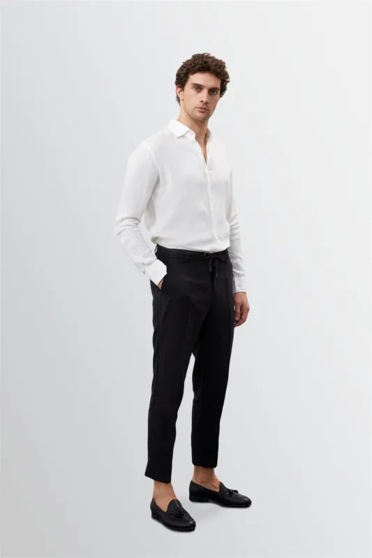 Men's Black Tie Waist High Waist 100% Linen  Trousers - Wessi sold by Wessi