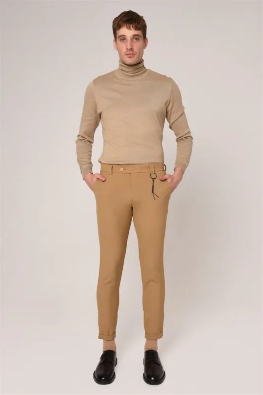 Men's Dark Beige Slim Fit Accessory Trousers - Wessi sold by Wessi