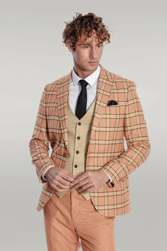 Slim Fit Patterned Checked Orange Men Suit - Wessi sold by Wessi