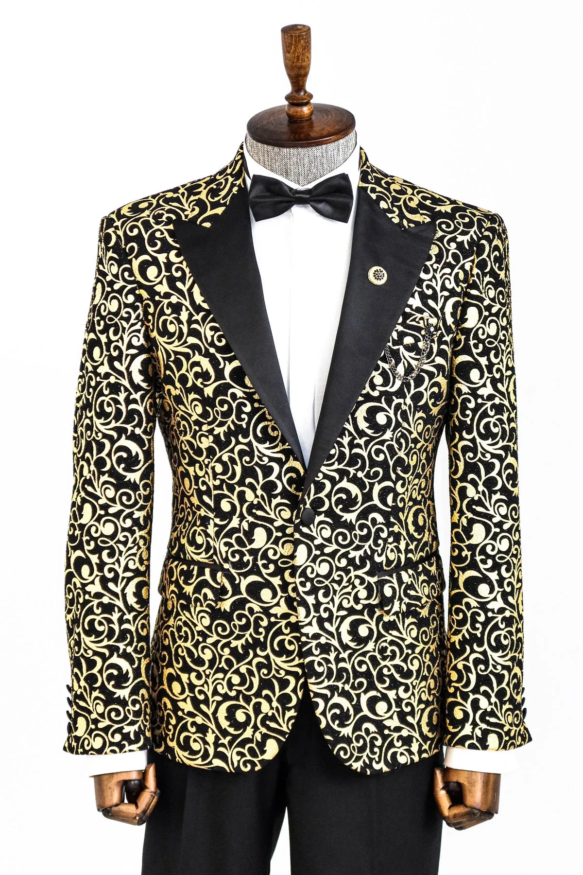 Gold Patterned Over Black Men Evening Dinner Jacket - Wessi sold by Wessi