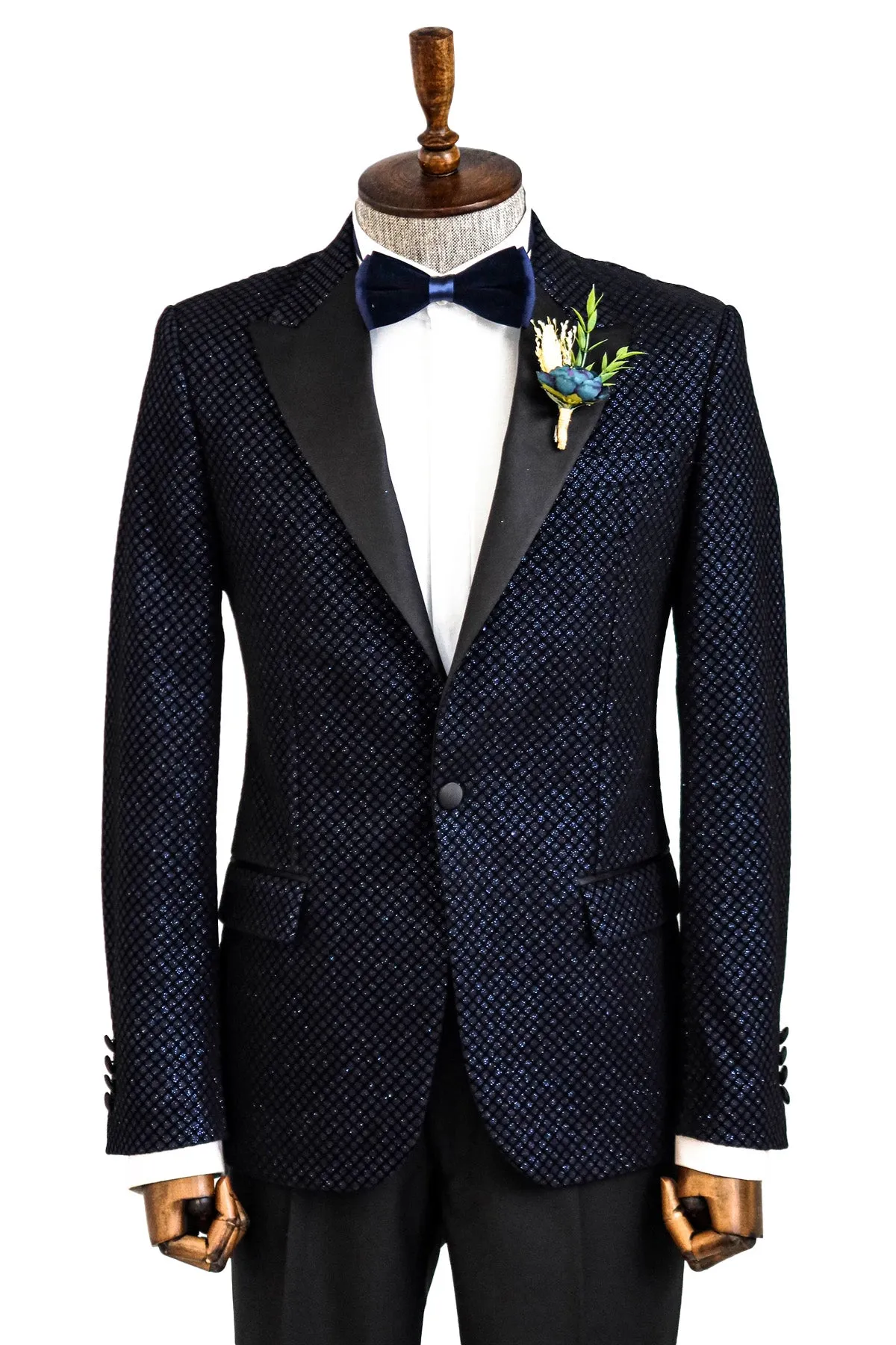 Black Patterned Over Navy Blue Men Party Blazer - Wessi sold by Wessi