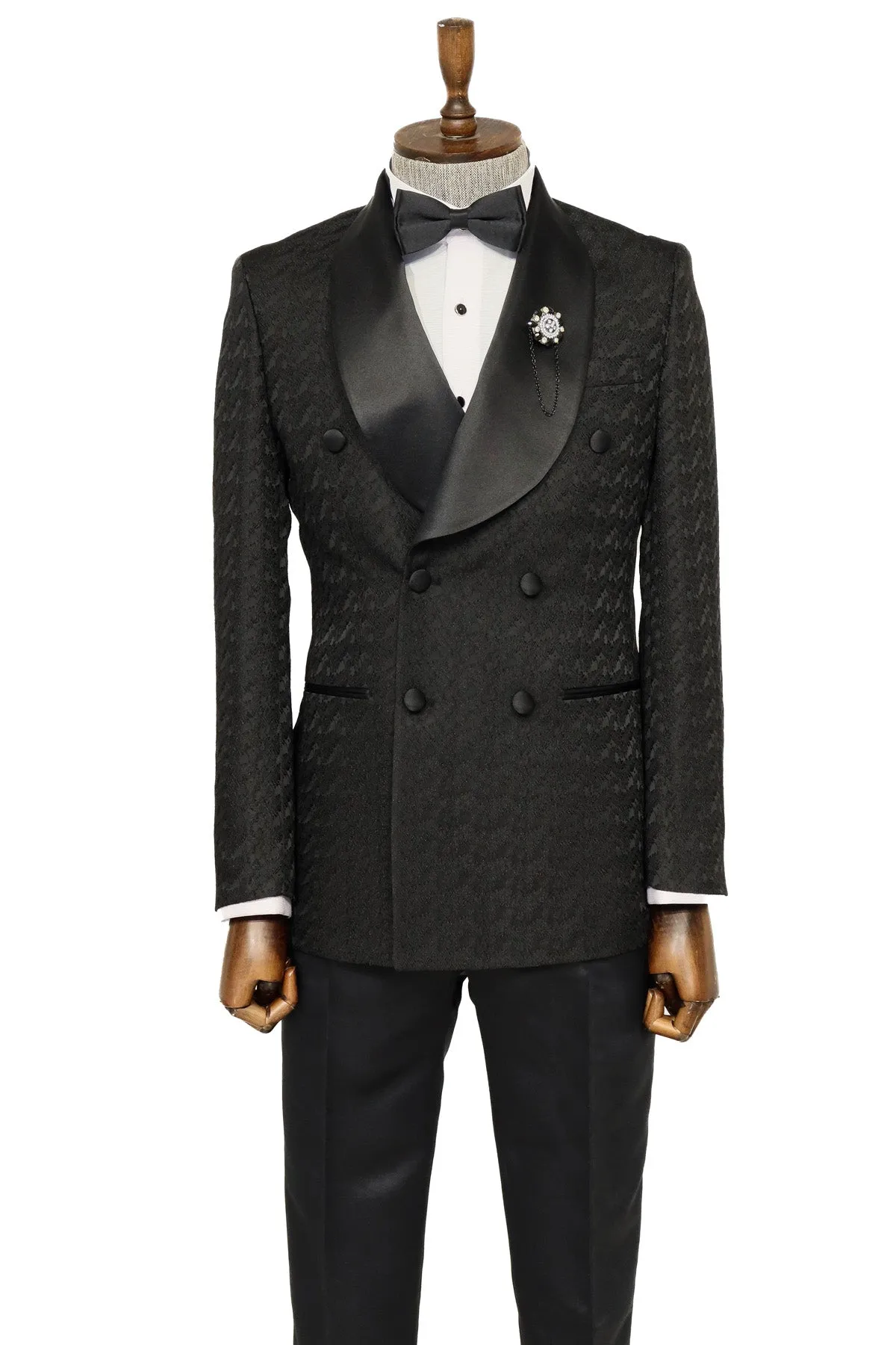 Satin Shawl Collar Patterned Double Breasted Black Men Tuxedo Suit - Wessi sold by Wessi