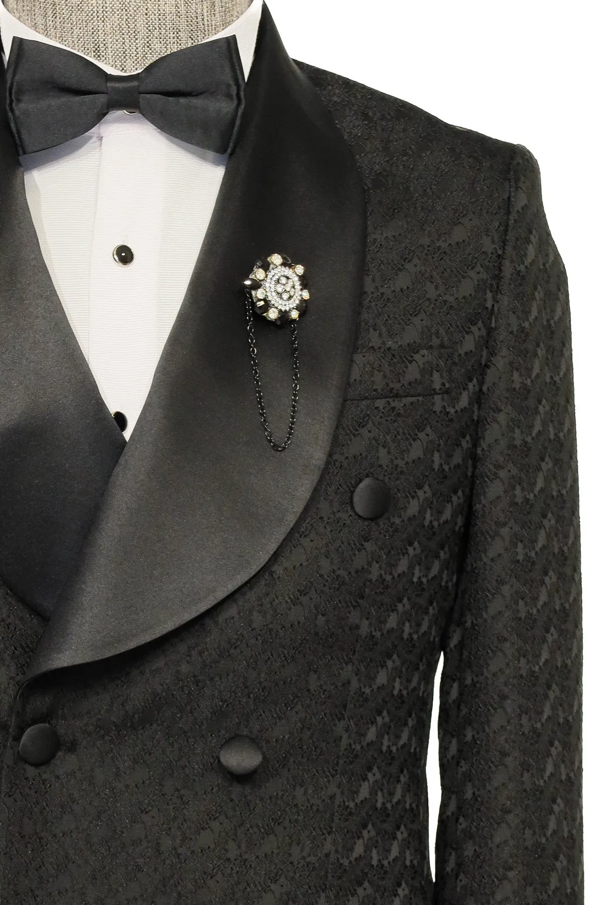 Satin Shawl Collar Patterned Double Breasted Black Men Tuxedo Suit - Wessi sold by Wessi product image thumbnail 3