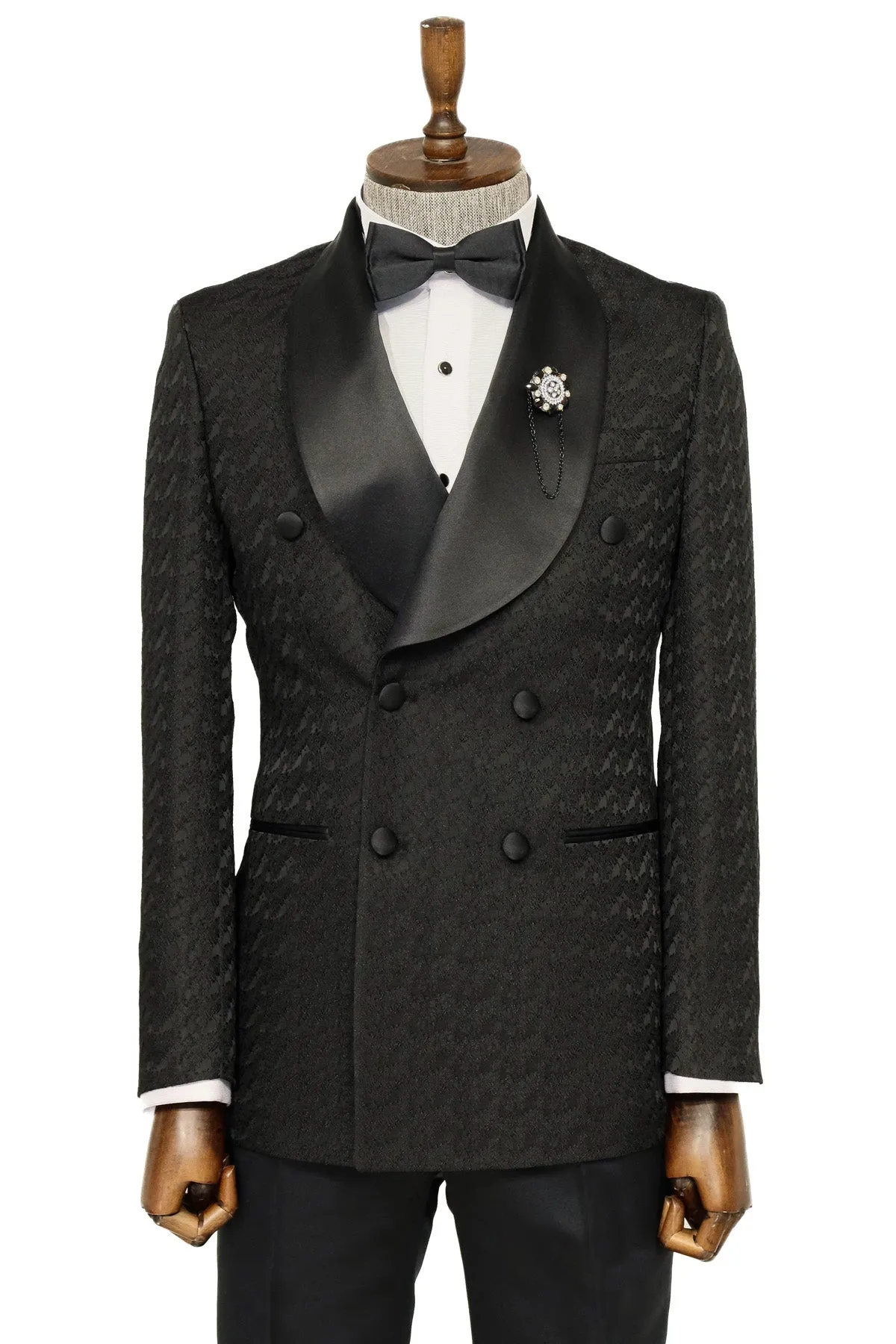 Satin Shawl Collar Patterned Double Breasted Black Men Tuxedo Suit - Wessi sold by Wessi product image thumbnail 2