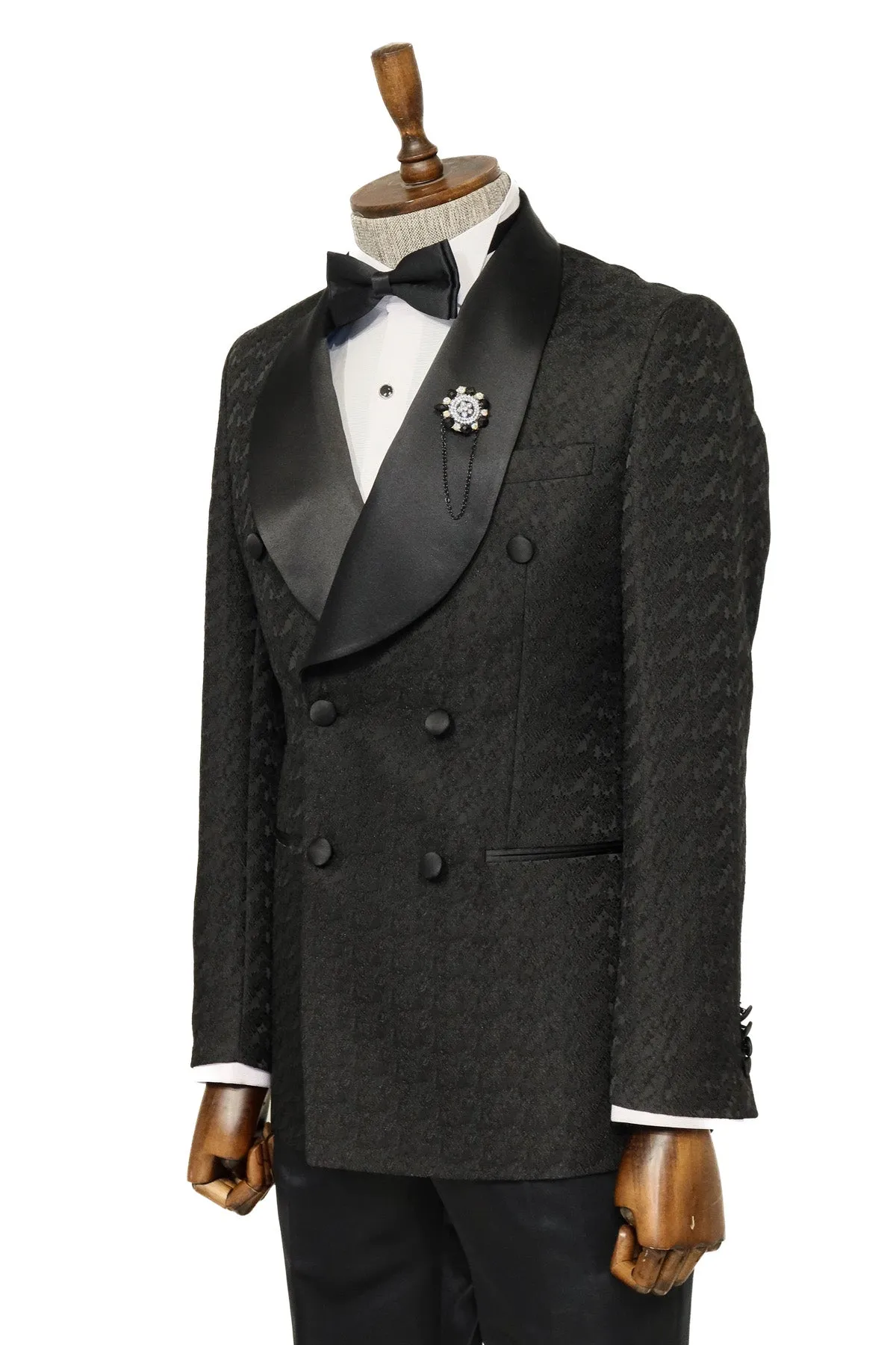 Satin Shawl Collar Patterned Double Breasted Black Men Tuxedo Suit - Wessi sold by Wessi product image thumbnail 4