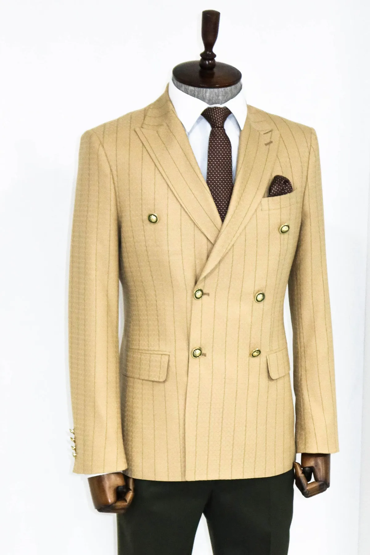 Double Breasted Slim Fit Striped Cream Men Blazer and Trousers Combination- Wessi sold by Wessi product image thumbnail 5