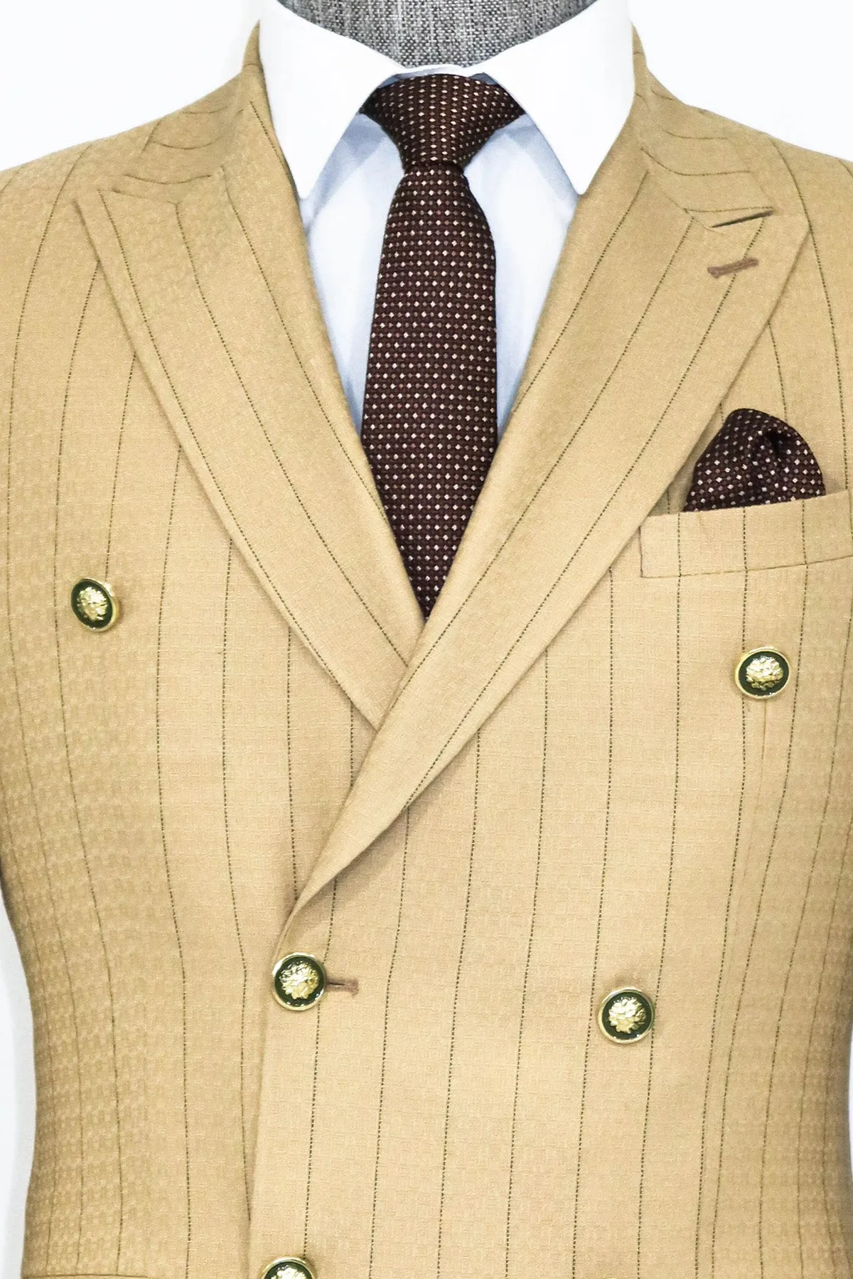 Double Breasted Slim Fit Striped Cream Men Blazer and Trousers Combination- Wessi sold by Wessi product image thumbnail 3