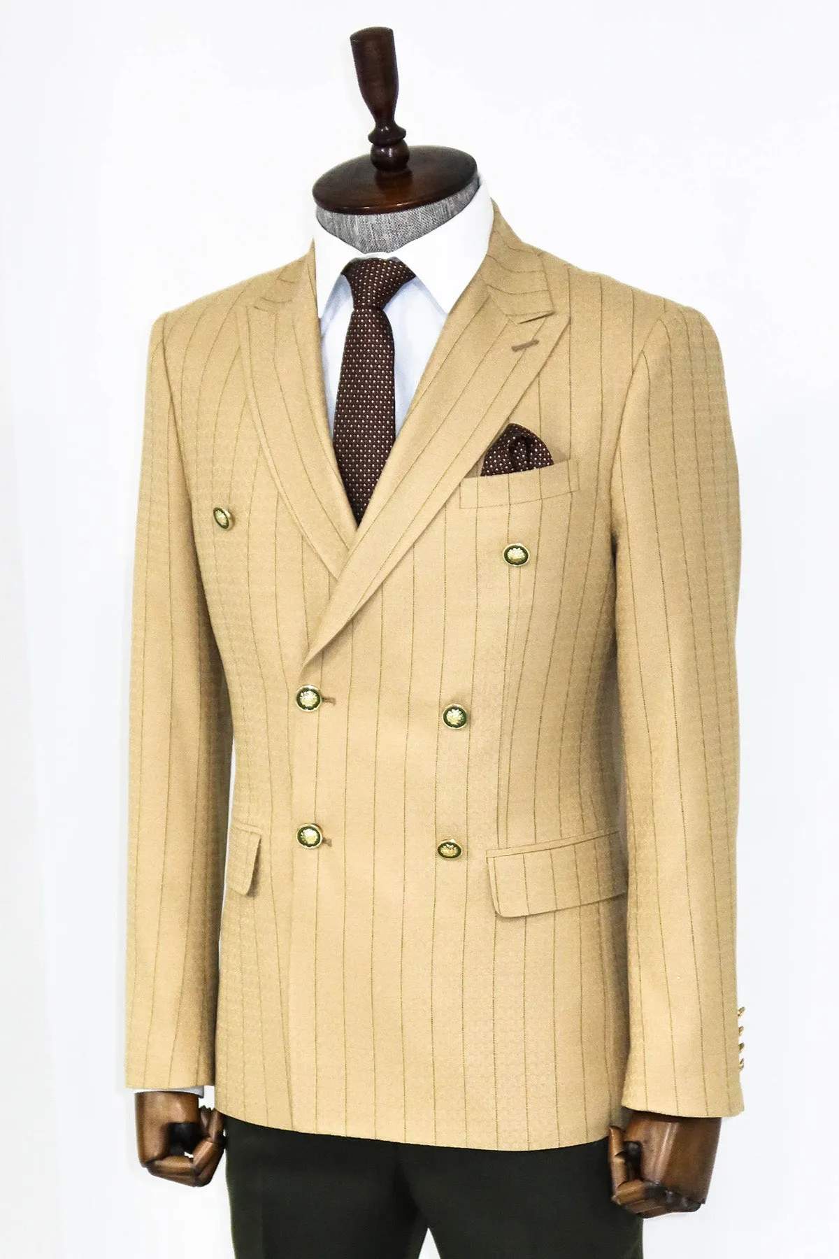 Double Breasted Slim Fit Striped Cream Men Blazer and Trousers Combination- Wessi sold by Wessi product image thumbnail 4