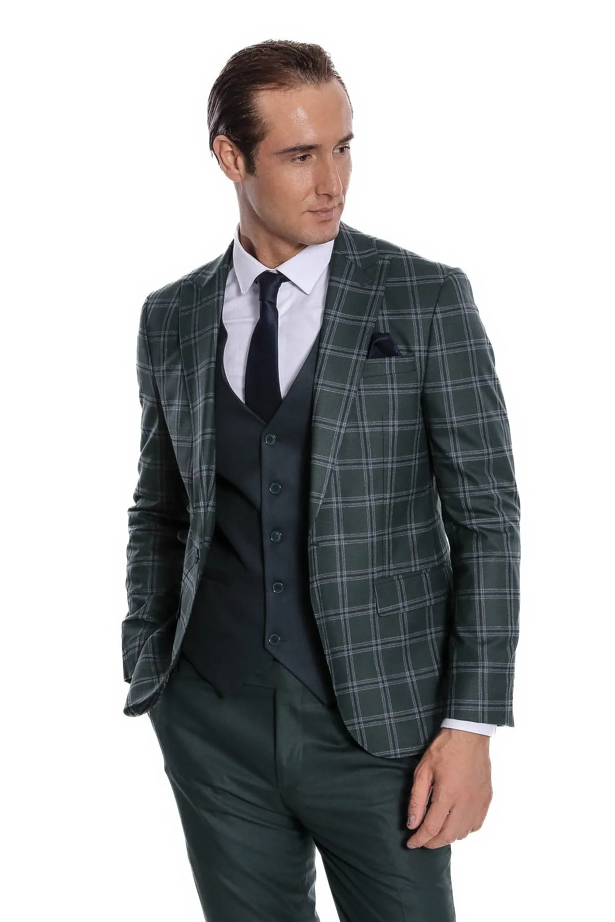 Checked Patterned Slim Fit Green Men Suit - Wessi sold by Wessi product image thumbnail 3