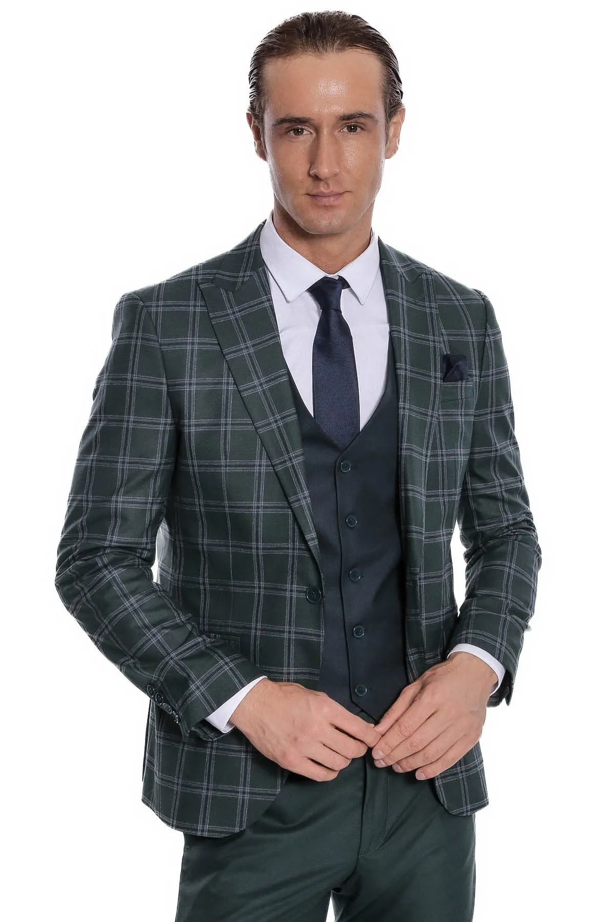 Checked Patterned Slim Fit Green Men Suit - Wessi sold by Wessi