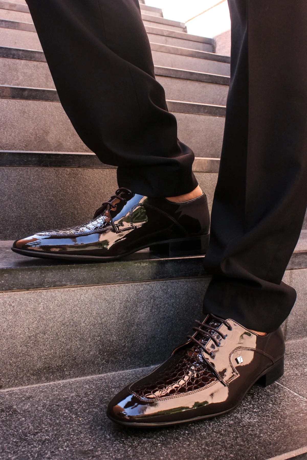 Men's Black Patent Leather Derby Shoes with Crocodile Embossed Toe - Wessi sold by Wessi