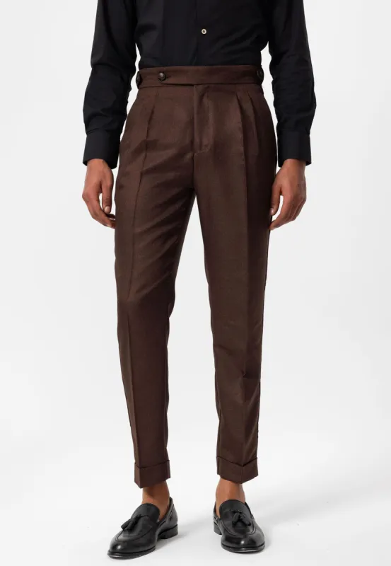 Men's Brown Double Leg High Waist Pleated  Trousers - Wessi sold by Wessi