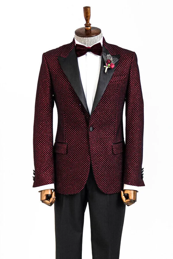 Black Patterned Over Burgundy Men Singer Tuxedo Blazer - Wessi sold by Wessi product image thumbnail 3