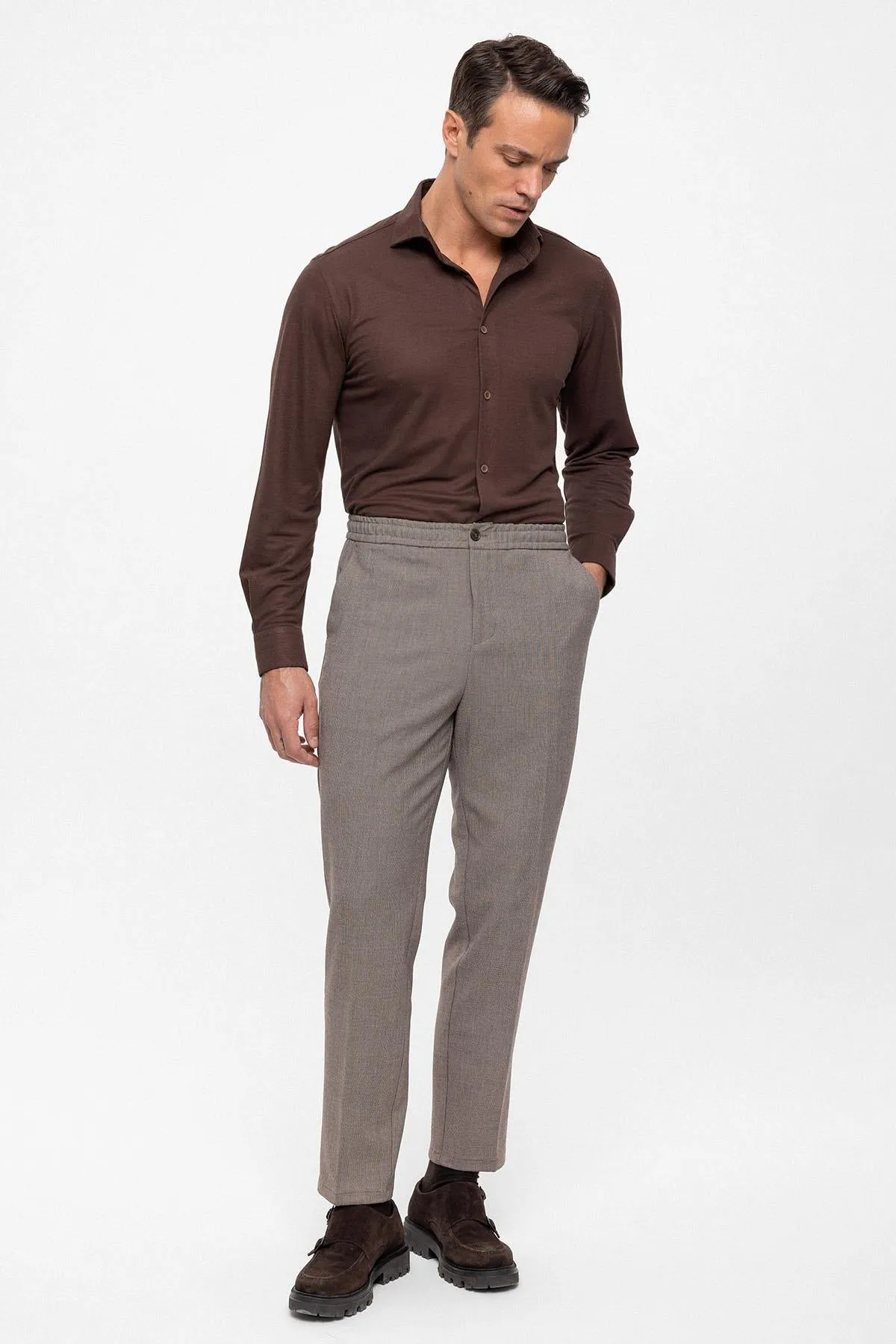 Men's Beige Regular Fit Trousers with Elastic Waist - Wessi sold by Wessi product image thumbnail 4