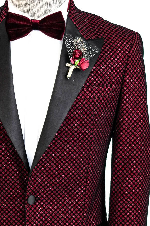 Black Patterned Over Burgundy Men Singer Tuxedo Blazer - Wessi sold by Wessi product image thumbnail 2