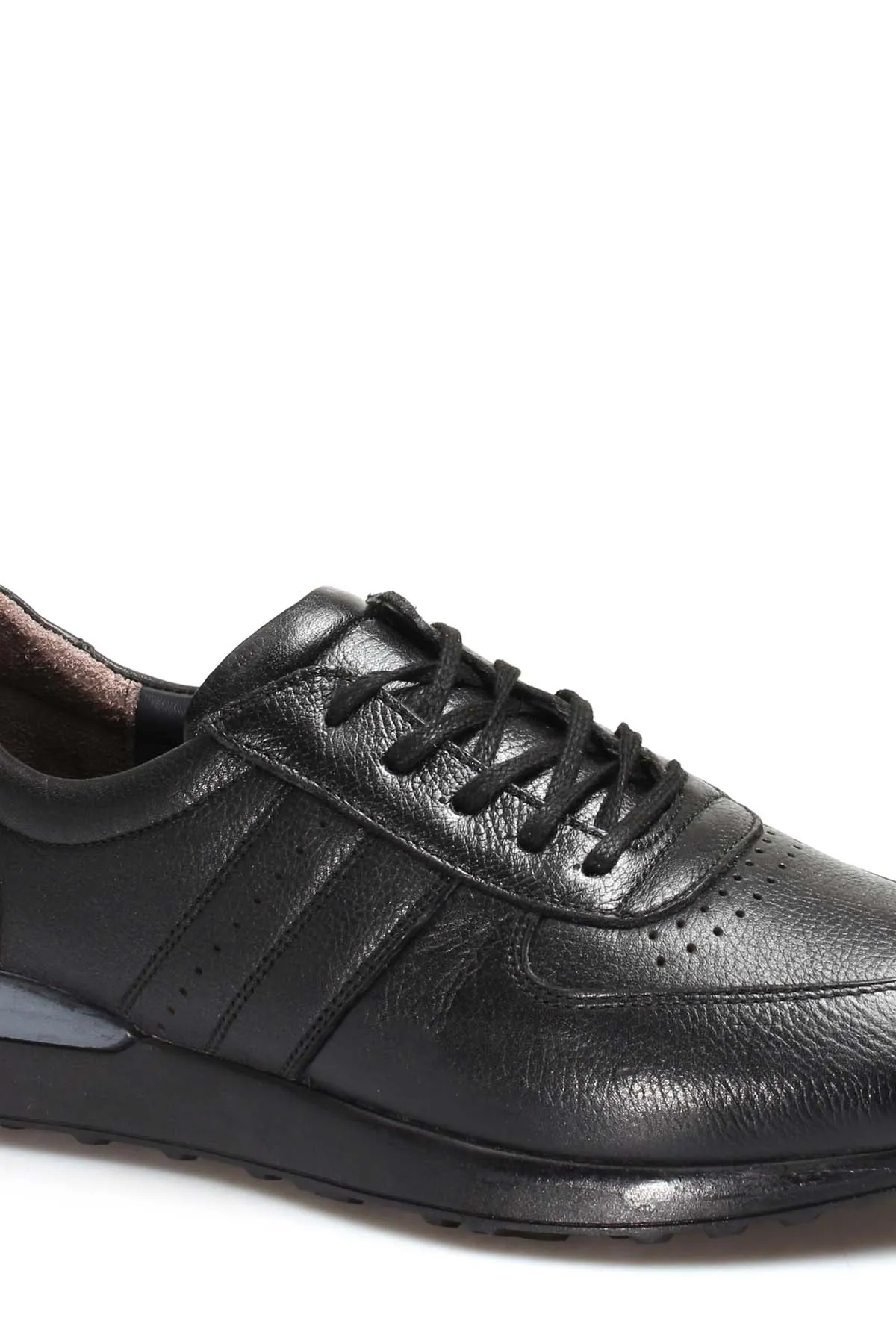 Men's Black Leather Lace-Up Sneakers with Perforated Design and Cushioned Sole - Wessi sold by Wessi product image thumbnail 4