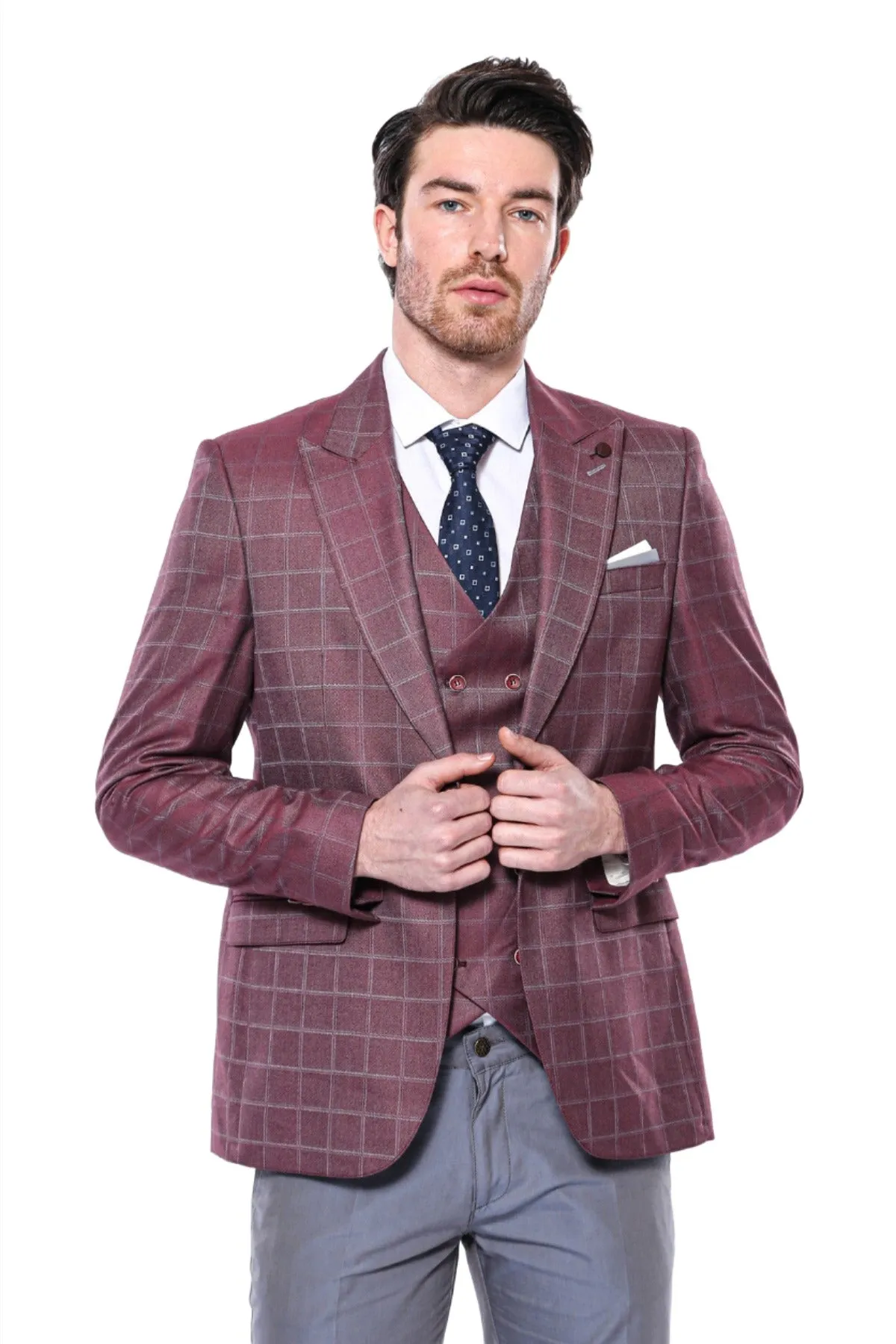 Combined Vested Burgundy Plaid Men's Suit - Wessi sold by Wessi