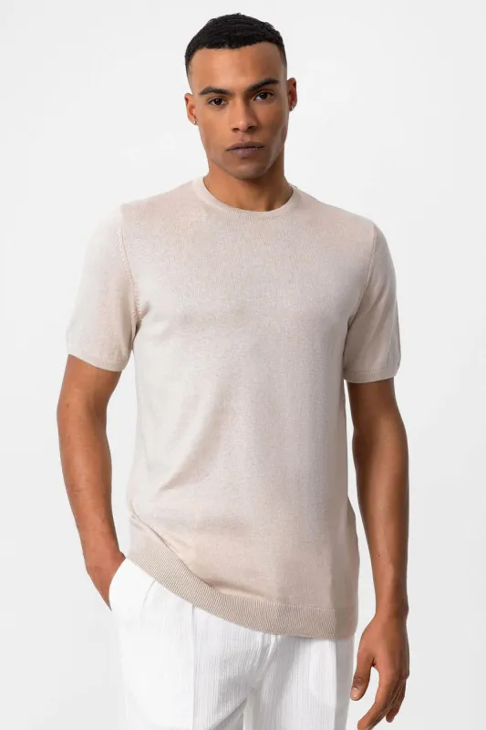 Men's Beige Crew Neck Knit T-Shirt - Wessi sold by Wessi
