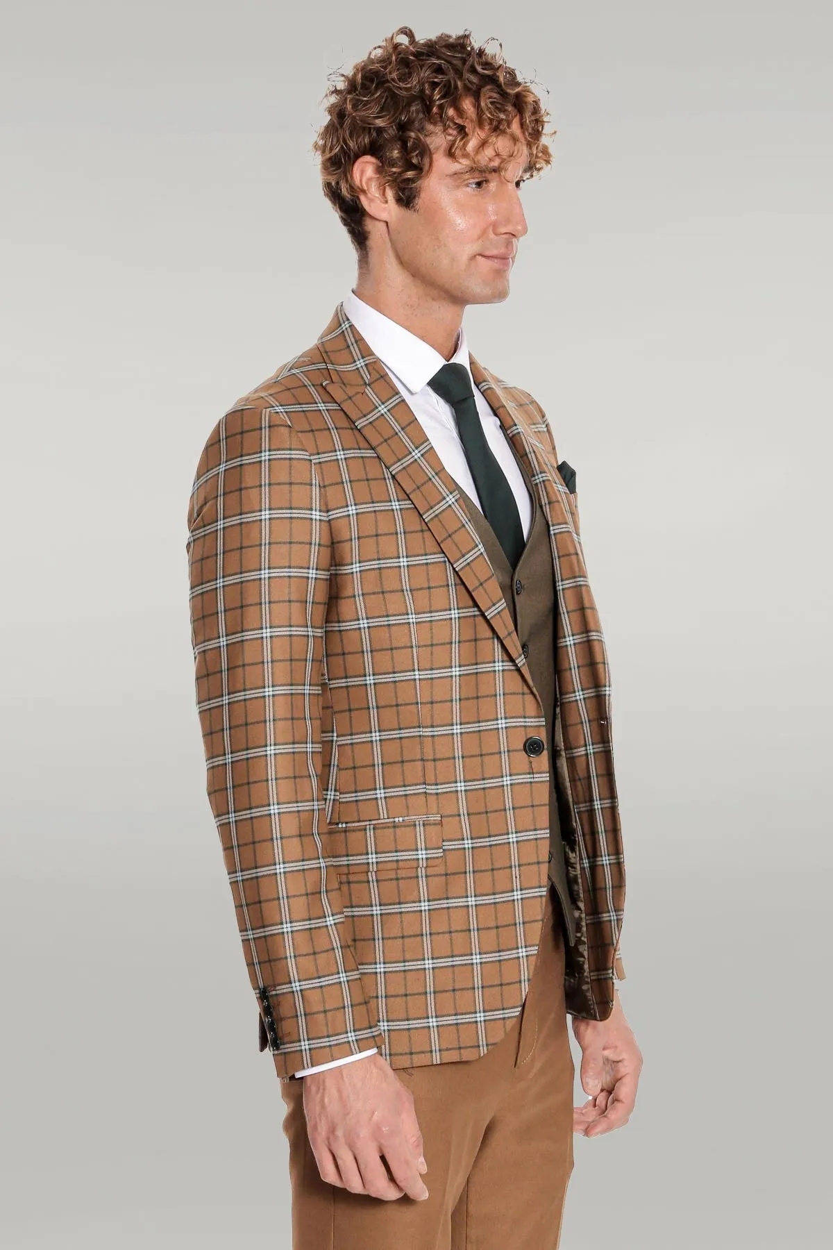 Brown Vested Slim Fit Checked Tan Men Suit - Wessi sold by Wessi product image thumbnail 3