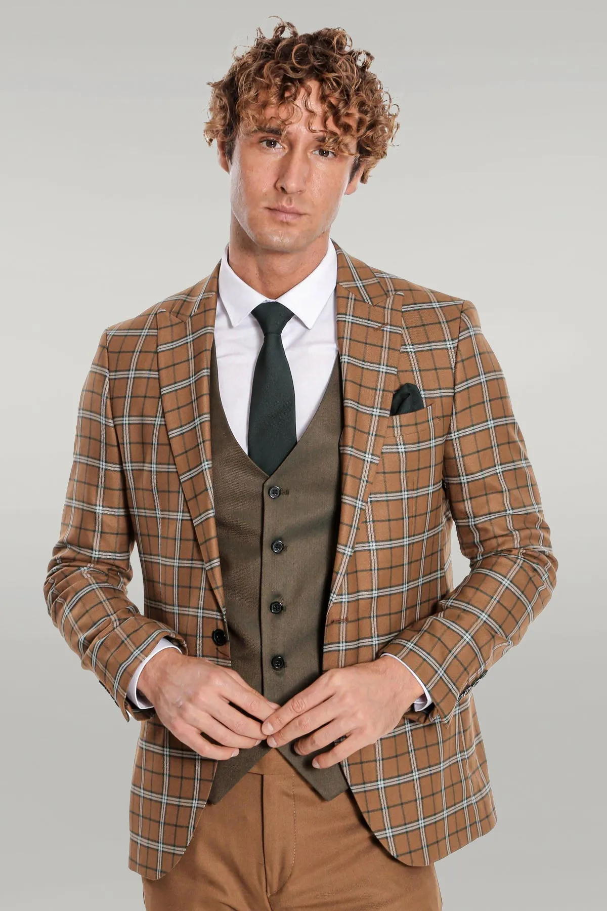 Brown Vested Slim Fit Checked Tan Men Suit - Wessi sold by Wessi
