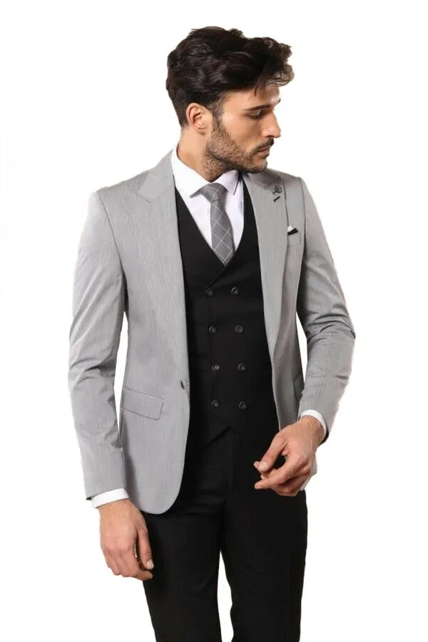 Black Double Breasted Vest Grey Men Suit - Wessi sold by Wessi