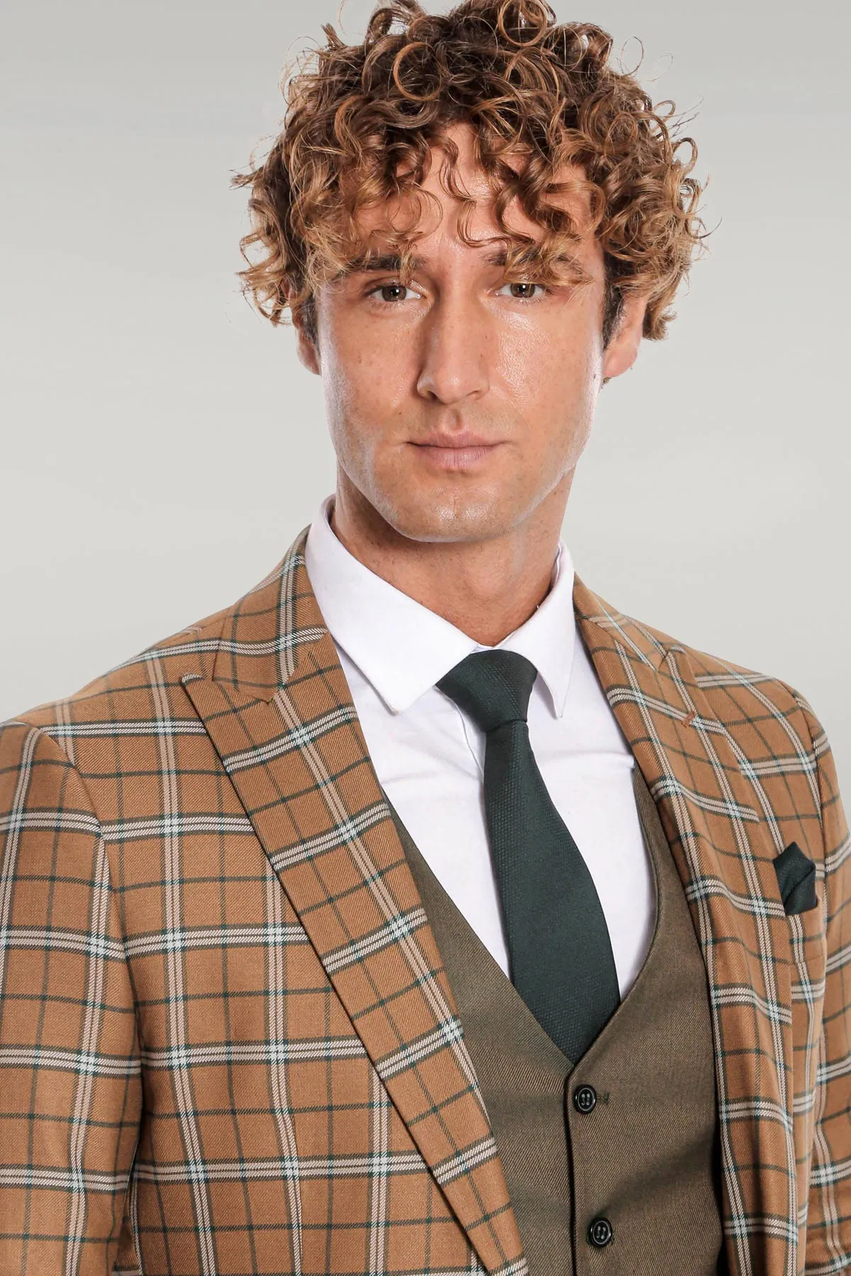 Brown Vested Slim Fit Checked Tan Men Suit - Wessi sold by Wessi product image thumbnail 2