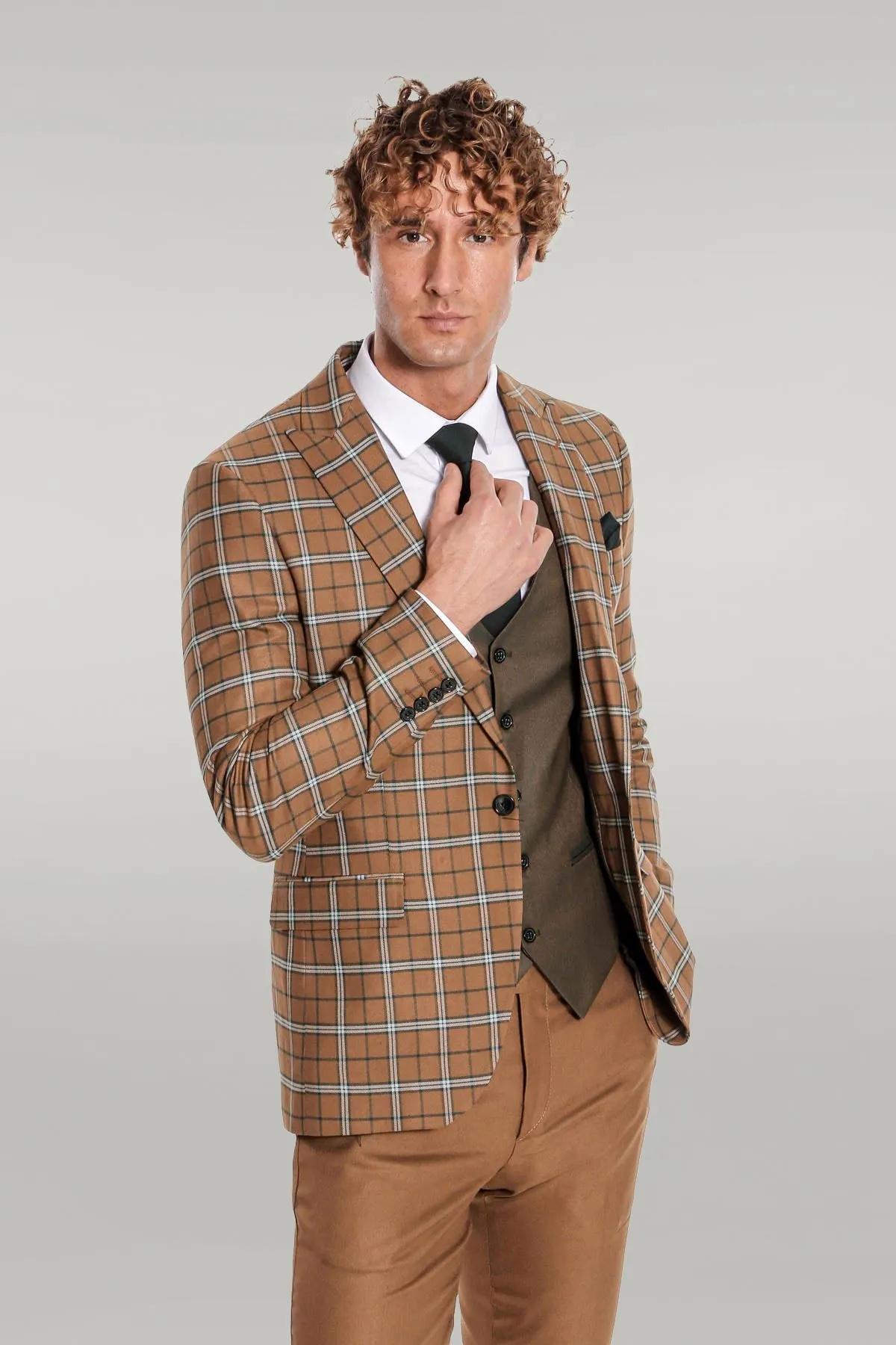 Brown Vested Slim Fit Checked Tan Men Suit - Wessi sold by Wessi product image thumbnail 4